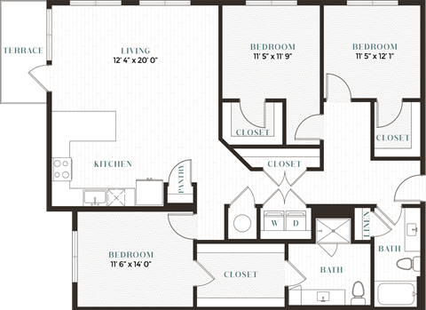 Floor plan for 3 beds, 2 baths, 1538 sqft